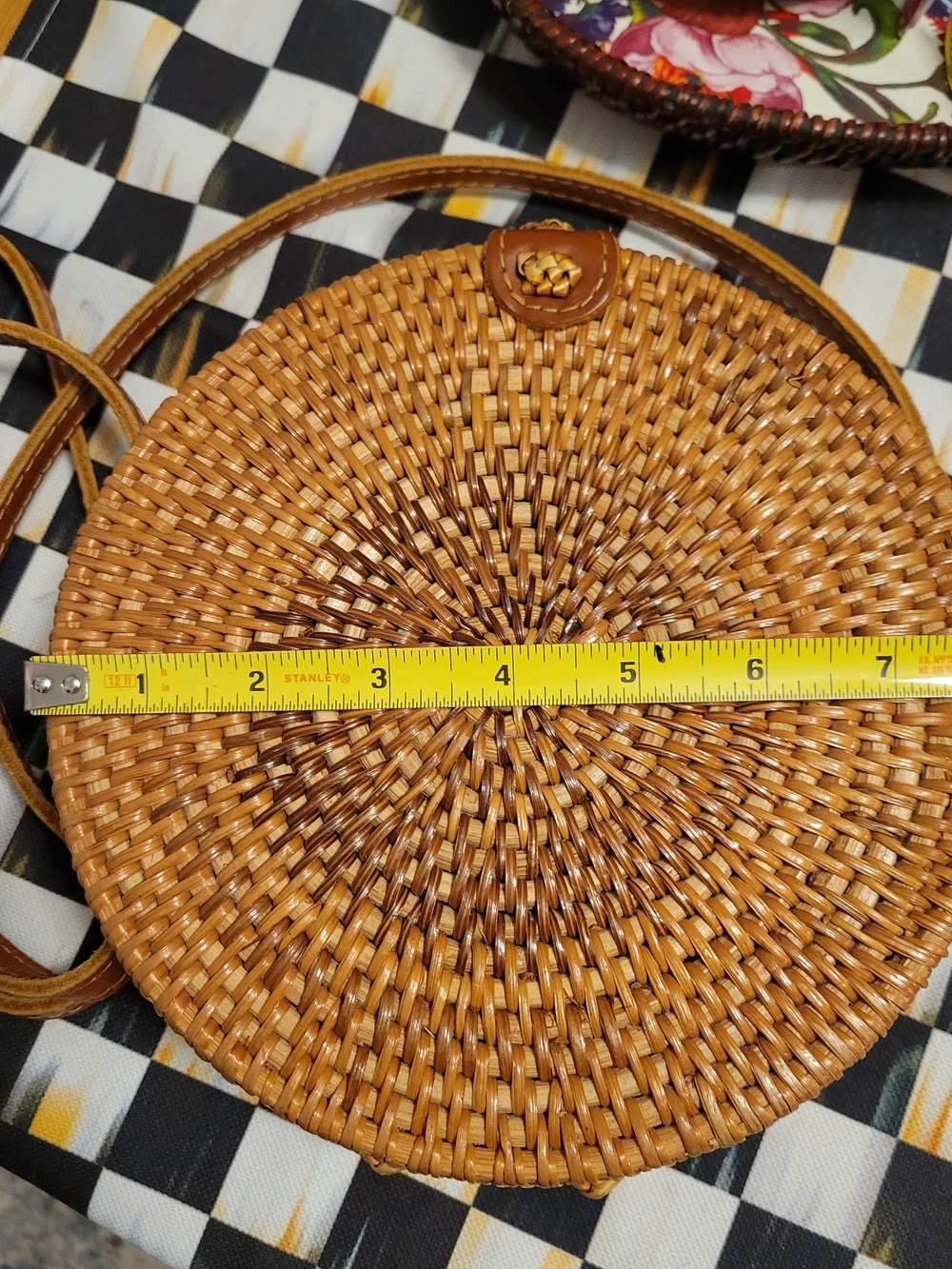 Woven Round Crossbody Bag in Tan/Leather Strap - Picture 5 of 6